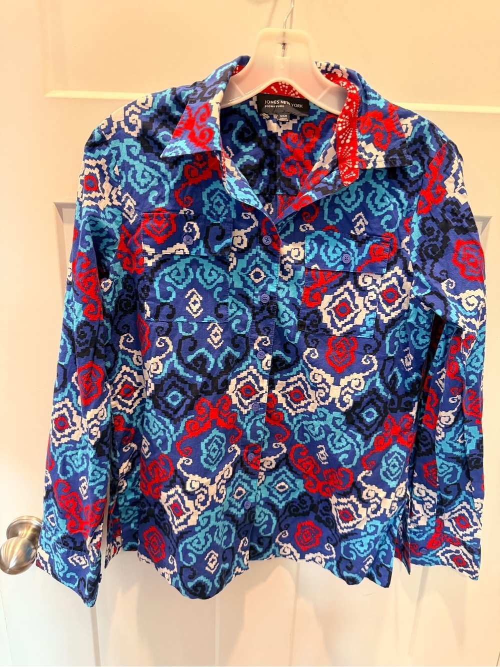 Jones New York Small Blue Red Ikat Print Cotton Button Down Shirt